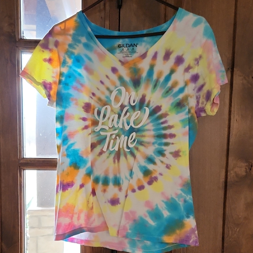 Gildan Women's Tie-Dye Tee - Blue, Yellow, Pink